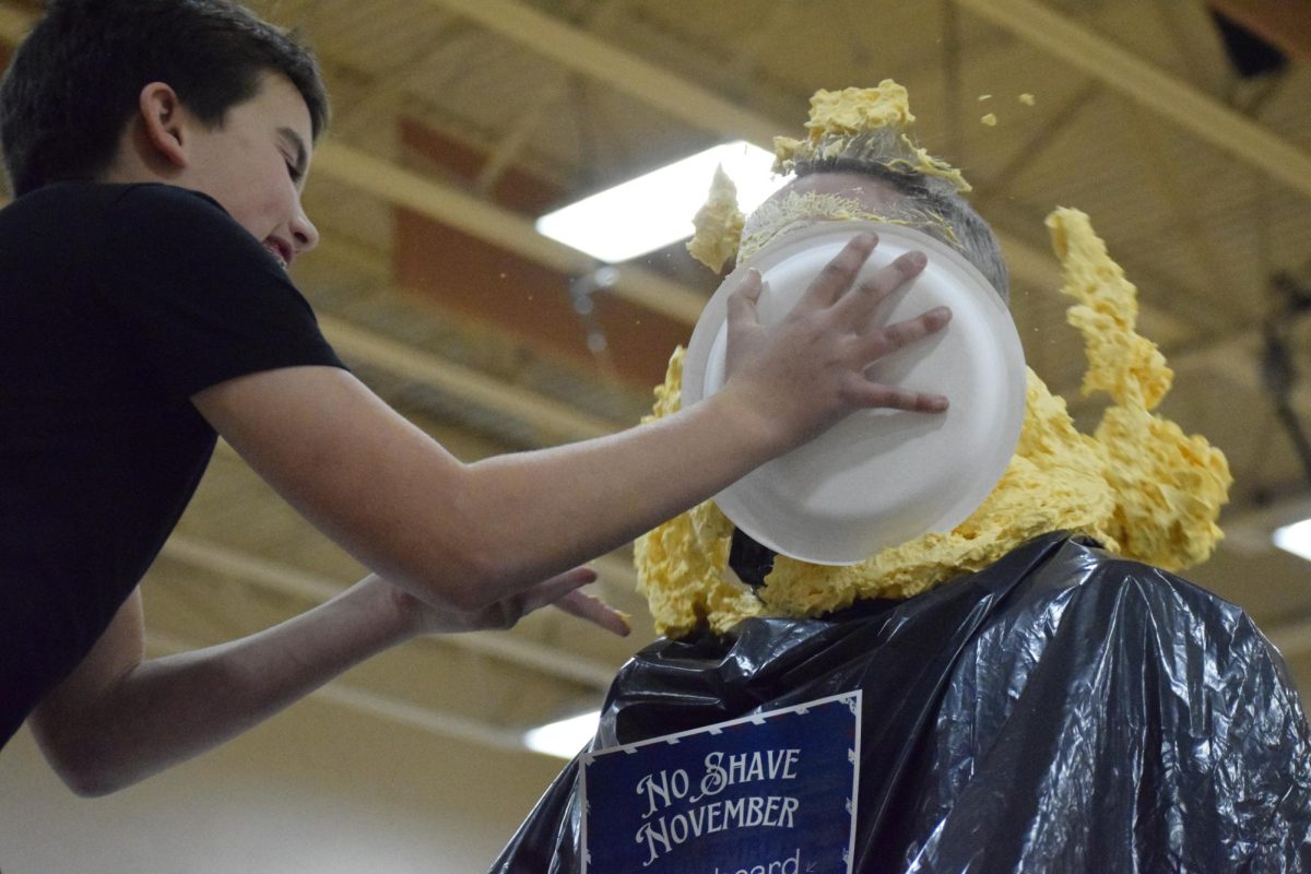 Seventh grader Gio Cottone ran up and smashed the pie into Algebra teacher Mr. Brown’s face. A fundraiser for the Leukemia and Lymphoma Society where students can pay money to pie their teachers.