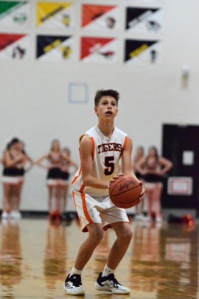 In a very intense game against West Geauga, seventh grader Ethan Hull prepares to shoot a free throw.